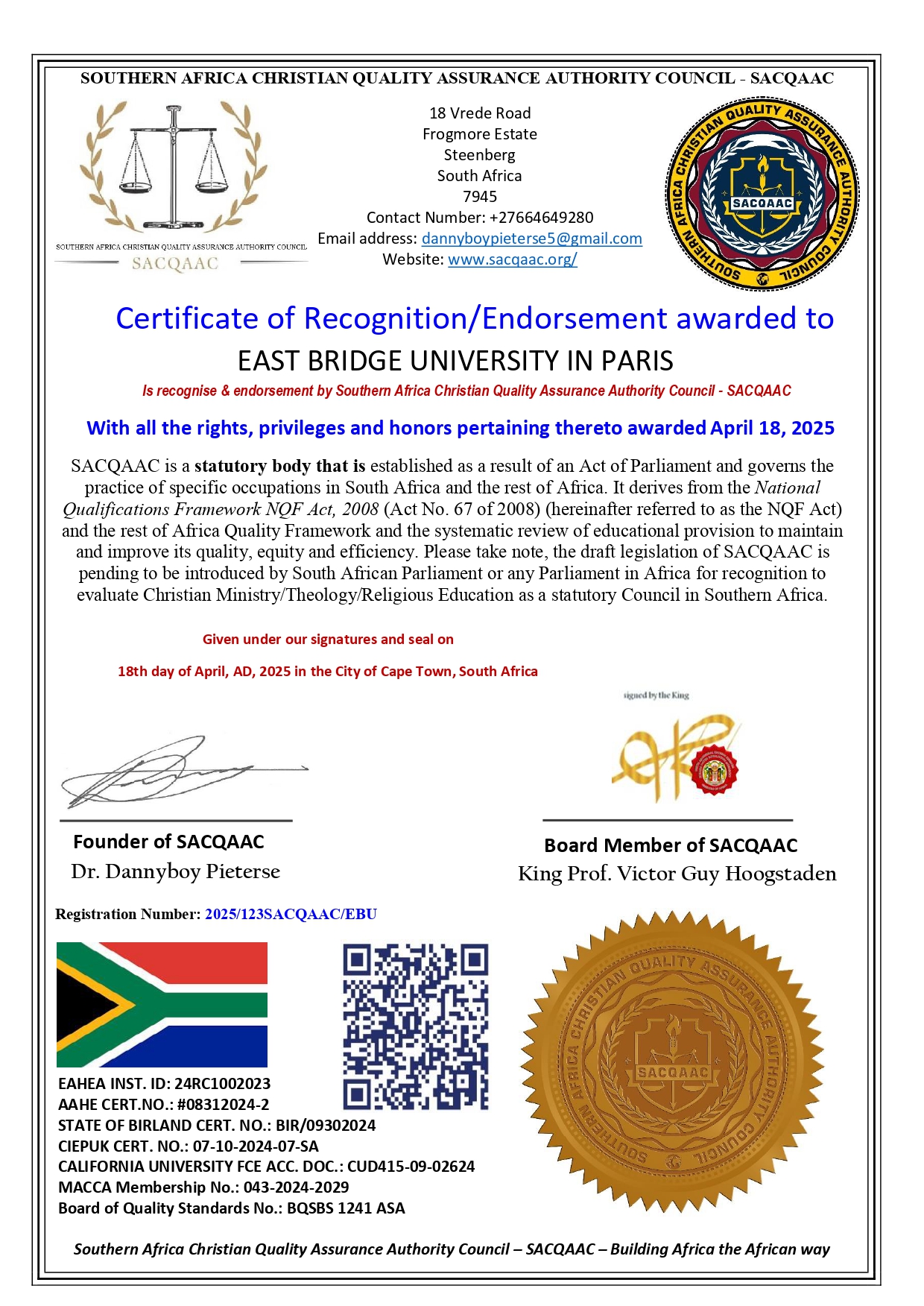 SACQAAC CERTIFICATE